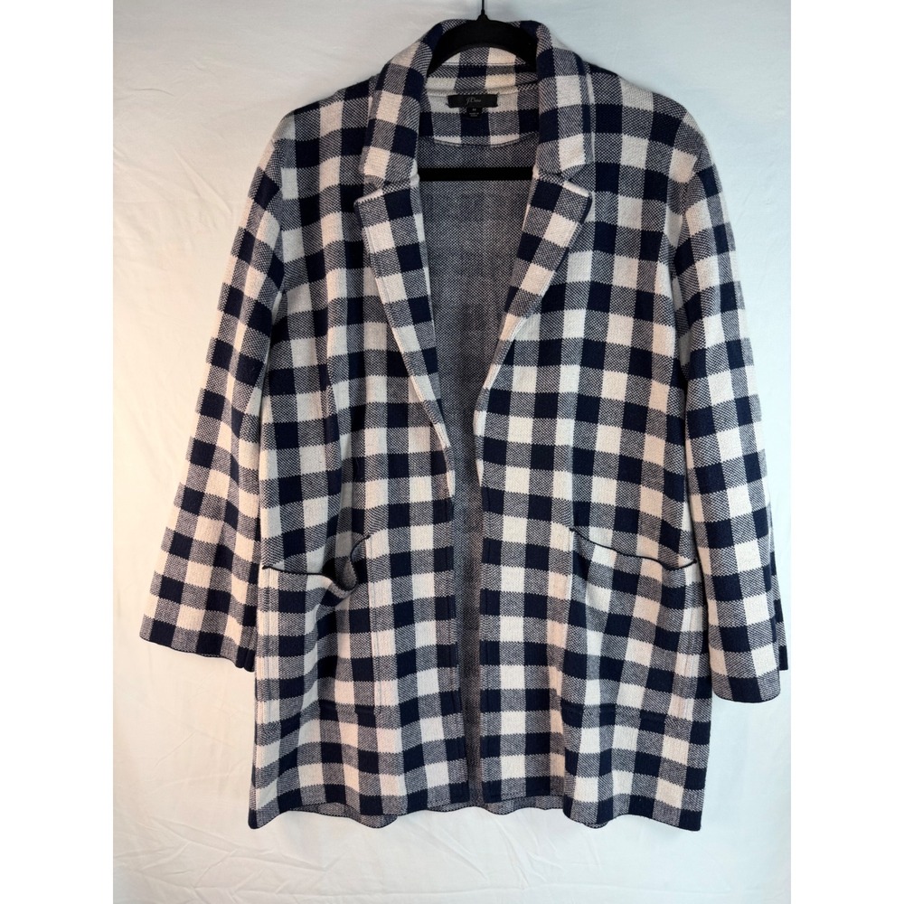 J.Crew Gingham Sweater Blazer Navy Blue White/ Cream Merino Wool Blend Size M